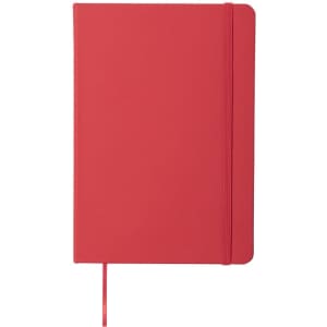 A red notepad with a flexible cover, featuring an elastic band and a bookmark ribbon. It includes a logo.