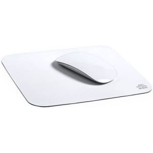 A white antibacterial mousepad with a sleek design and a matching white computer mouse on top. It has a logo.