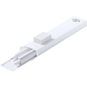 A white promotional office set featuring two pens and a ruler, packaged in a sleek white sleeve with a logo.