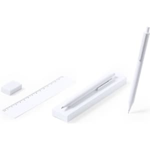 A white antibacterial pen, ruler, and block eraser, all displayed on a white base. The set includes a logo.
