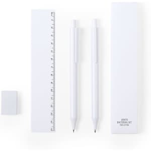 A white antibacterial set including two pens, a ruler, and an eraser, packaged in a sleek box with branding.