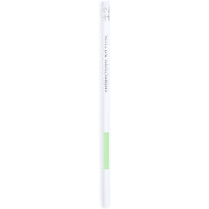 A white antibacterial pencil with a green grip and a logo. Designed for writing with grey lead.