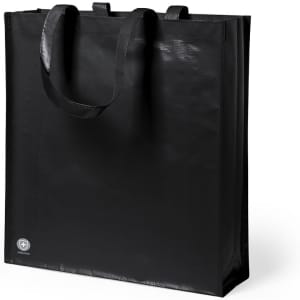 A black reusable grocery bag with two handles and a logo on the front.