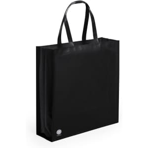 A black reusable grocery bag with two handles and a logo on the front.