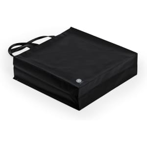 A reusable grocery bag in black with a flat shape and dual handles, featuring a logo on one side.
