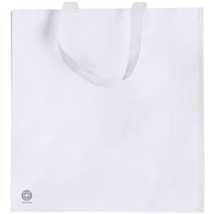 A large white reusable grocery bag with handles and a small logo at the bottom corner.