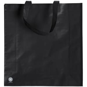 A black reusable grocery bag with two handles and a logo on the corner.