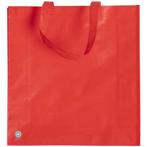 A red reusable grocery bag with shoulder straps and a logo on the bottom corner.