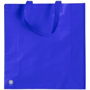 A blue reusable grocery bag with sturdy handles and a logo at the bottom.