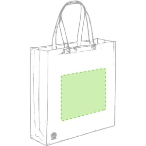 A reusable grocery bag with handles, featuring a green highlighted area and has a logo. The bag is a neutral colour.