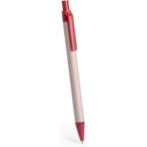 A pen with a red tip and clip, featuring a brown cardboard body. It has a logo on the barrel.