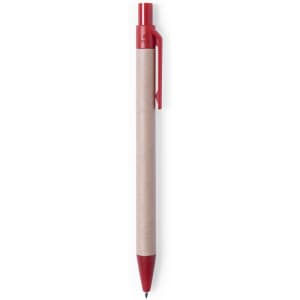 A pen with a brown barrel and a red tip and clip, featuring a simple design and branding.
