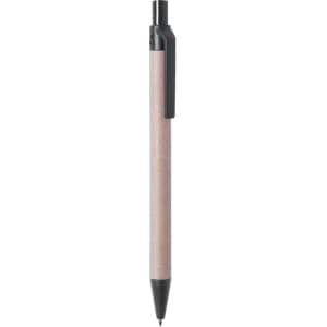 A pen with a minimalist design featuring a beige barrel and a black clip, with a branding logo visible.