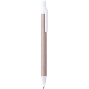 A pen with a brown barrel and a white grip, featuring a clip and a logo.