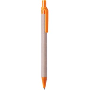 A pen with a grey barrel and orange accents, featuring a clip and a ballpoint tip. It has a logo on the barrel.