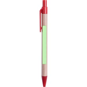 A red and brown pen with a clip and a green section for customisation. It features a logo.