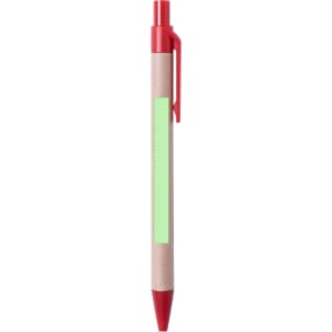 A red pen with a brown paper barrel and a green highlight area, featuring a logo on the side.