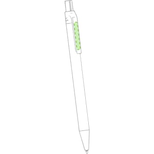 A white pen with a green patterned grip and a clip, featuring a logo on the side.