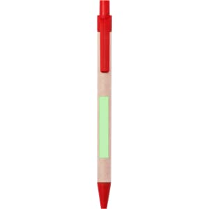 A pen with a natural wood body, red clip, and red tip, featuring a blank green section for custom branding.