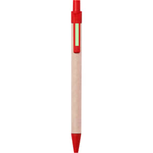 A red pen with a wooden body and a transparent section, featuring a logo on the side.