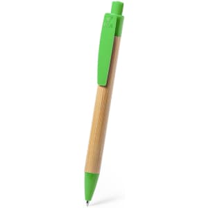 A wooden pen with a green plastic clip and tip, featuring a natural bamboo finish.
