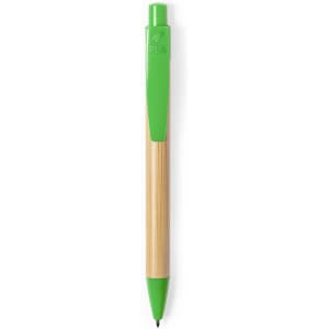 A wooden pen with a green plastic clip and tip, featuring a logo on the clip.