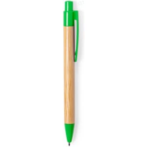 A wooden pen with a green plastic cap and clip, featuring a natural wood finish.