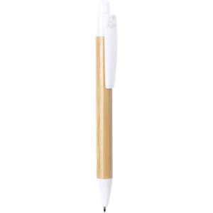 A wooden pen with a bamboo barrel and a white plastic clip, featuring a logo on the clip.