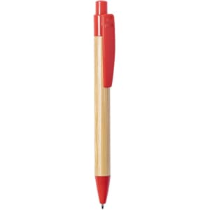 A wooden pen with a red plastic clip and tip, featuring a logo on its side.
