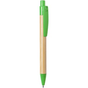 A green wooden pen featuring a green clip and end, with a natural wood barrel. It includes a logo on the clip.