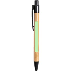 A wooden pen with a bamboo body and black accents, featuring a logo on the side.