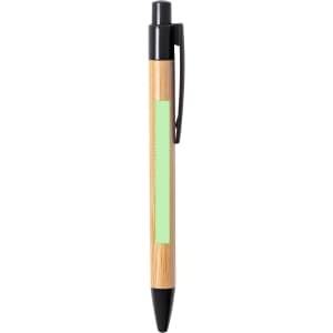 A wooden pen with a bamboo body and black accents, featuring a blank section for customisation.