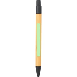 A wooden pen with a bamboo finish, featuring a green accent and black tip. It has a logo on the body.