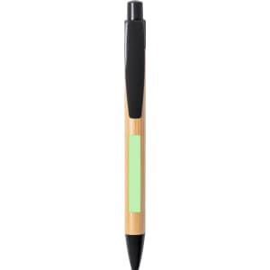 A wooden pen with a black top and a bamboo body, featuring a green accent area. It has a simple logo.