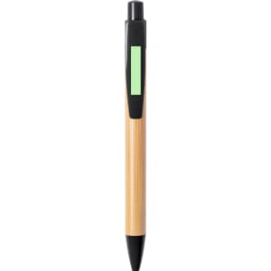 A wooden pen with a natural finish and black detailing, featuring a branding logo on the side.