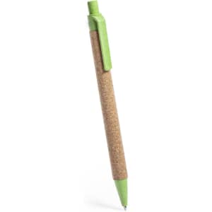 A pen featuring a green plastic clip, with a cork body, designed for writing.