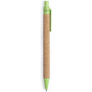 A green and cork pen with a sleek design, featuring a clip and a pointed writing tip. It has a branding logo.