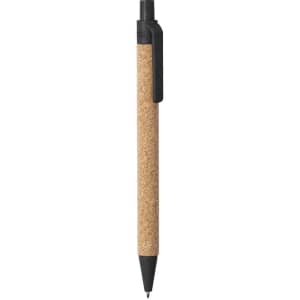 A pen featuring a natural cork barrel and a black clip, with a logo on the clip area.