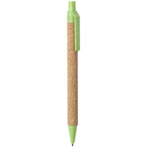 A green pen with a cork body and a clip, featuring a simple design suitable for various writing tasks.