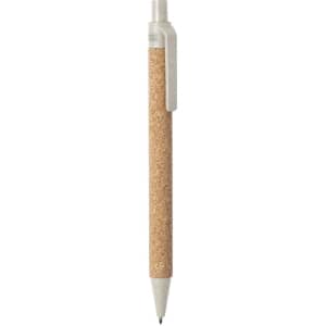 A cork-textured pen with a silver clip, featuring a sleek design. It has a branding logo.