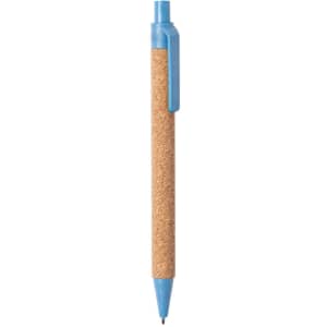 A pen with a cork barrel and a blue plastic tip and clip, featuring a branding logo.