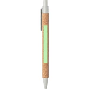 A pen featuring a cork body and silver accents, with a green section for branding or grip.