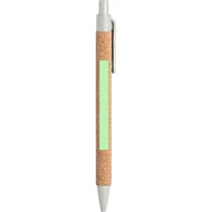 A pen with a cork barrel, silver accents, and a green stripe on the side.