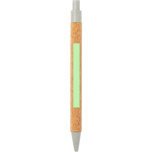A pen with a cork grip and a light green accent, featuring a silver tip and clip. It has a logo on the surface.