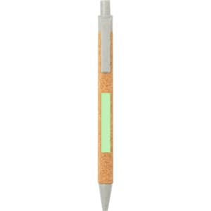 A cork and silver pen with a green accent, featuring a clip and a pointed tip. It has a branding logo on the side.