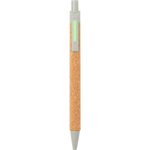A cork-bodied pen with a grey cap and clip, featuring a logo on the side.