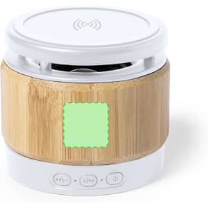A cylindrical speaker with a bamboo wooden exterior and white accents, featuring control buttons and a logo.