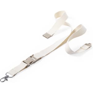 A beige lanyard features a clip attachment and a buckle, designed for holding ID cards or badges.