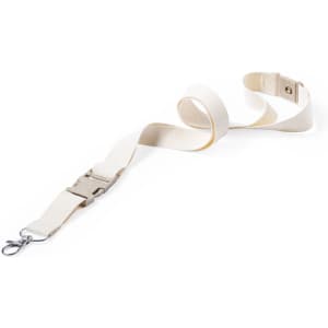 A cream-coloured lanyard with a clip and adjustable buckle, featuring a simple design and a logo.