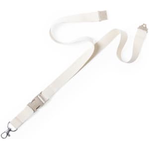 A beige lanyard with a clip and adjustable buckle, designed for holding identification or event passes.